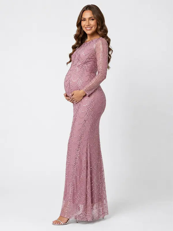 Dusty Pink Sequin Mesh Maternity Maxi Dress for Pregnancy Photoshoot