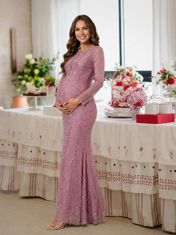Dusty Pink Sequin Mesh Maternity Maxi Dress for Pregnancy Photoshoot