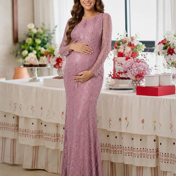 Dusty Pink Sequin Mesh Maternity Maxi Dress for Pregnancy Photoshoot