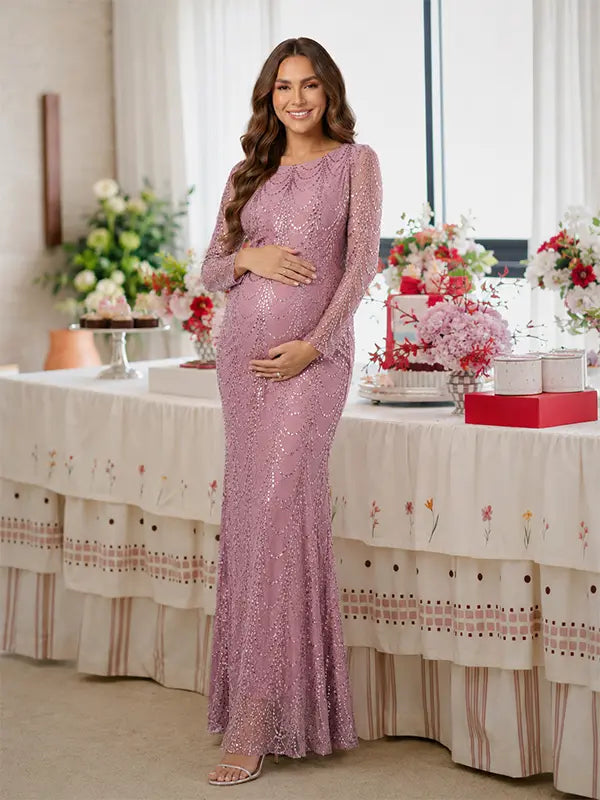 Dusty Pink Sequin Mesh Maternity Maxi Dress for Pregnancy Photoshoot