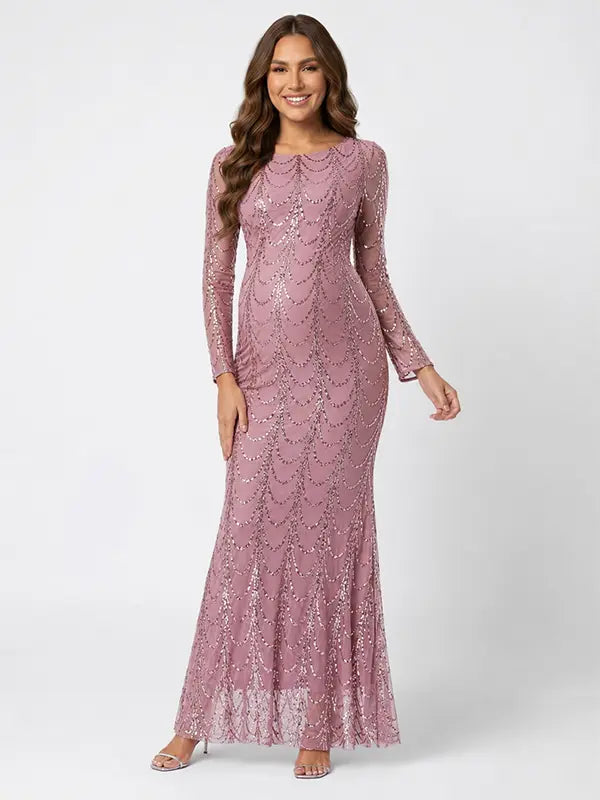 Dusty Pink Sequin Mesh Maternity Maxi Dress for Pregnancy Photoshoot