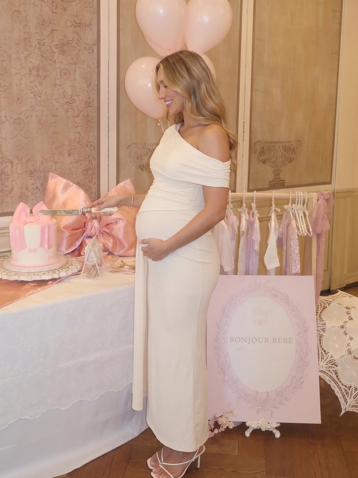 Ivory Off Shoulder Pregnancy Maxi Dress with Bump Flattering Ruching | Bumplook