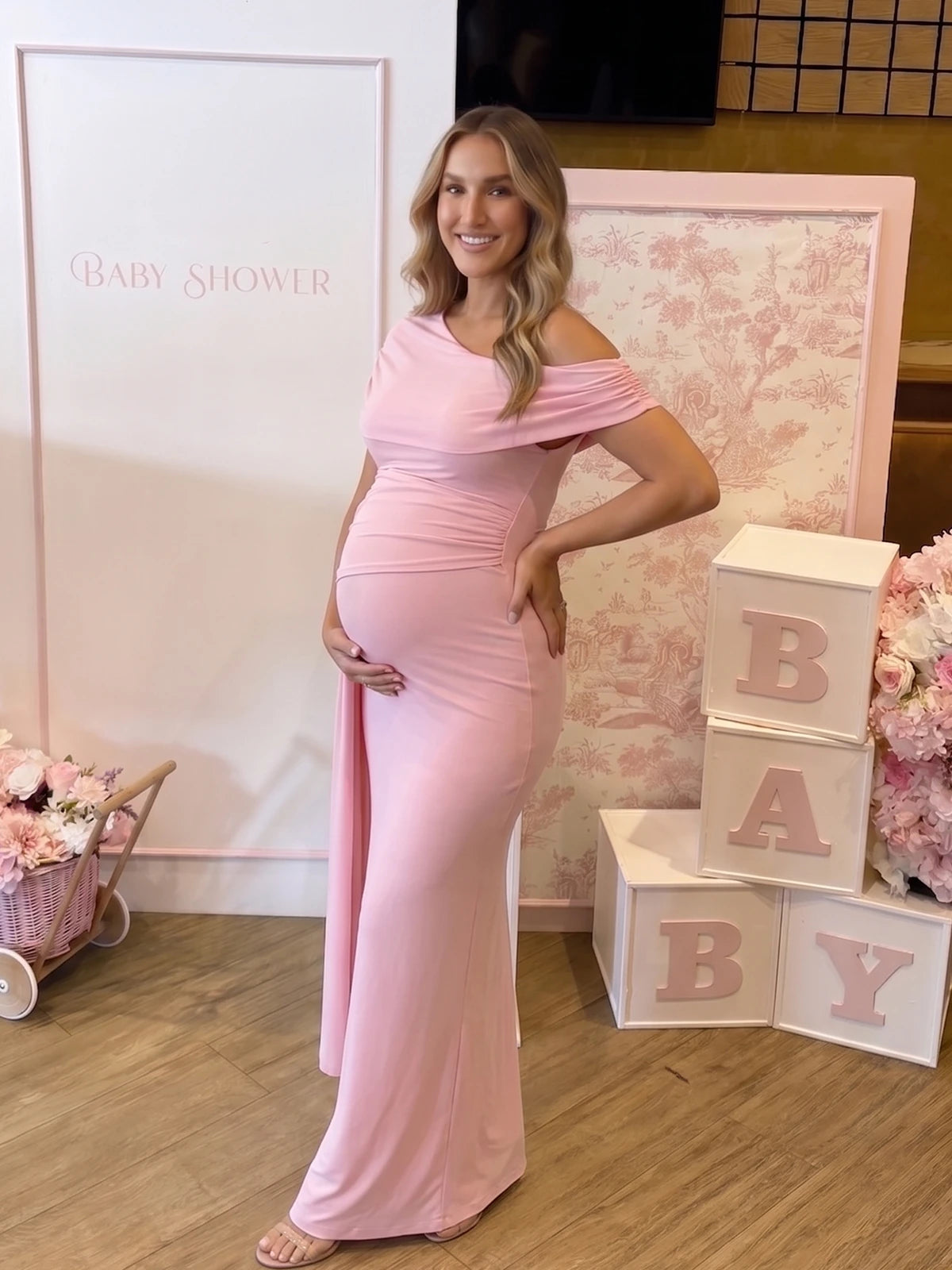 Pink Fitted Pregnancy Maxi Dress with Asymmetric Neckline | Bumplook