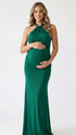 emerald green halter bodycon maxi dress with elegant twisted neckline