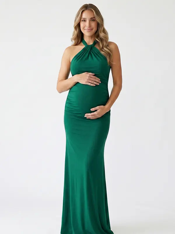 emerald green halter bodycon maxi dress with elegant twisted neckline