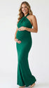 emerald green halter bodycon maxi dress with elegant twisted neckline