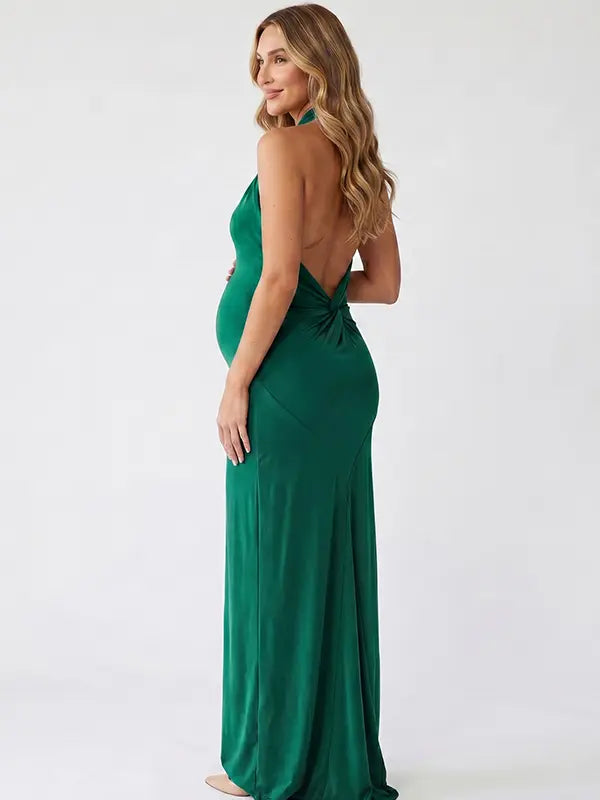 emerald green halter bodycon maxi dress with elegant twisted neckline