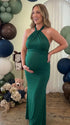emerald green halter bodycon maxi dress with elegant twisted neckline