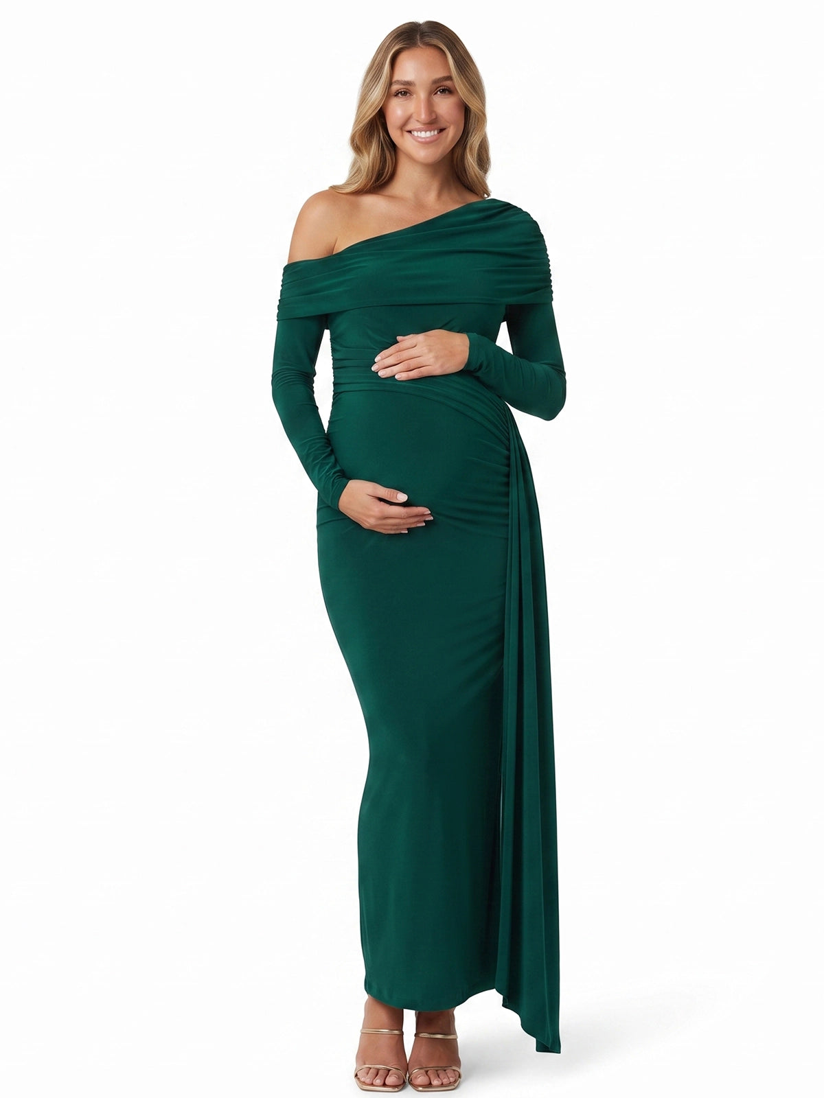 Emerald Maternity Special Occasion Dress with Draped Off Shoulder Neckline | Bumplook