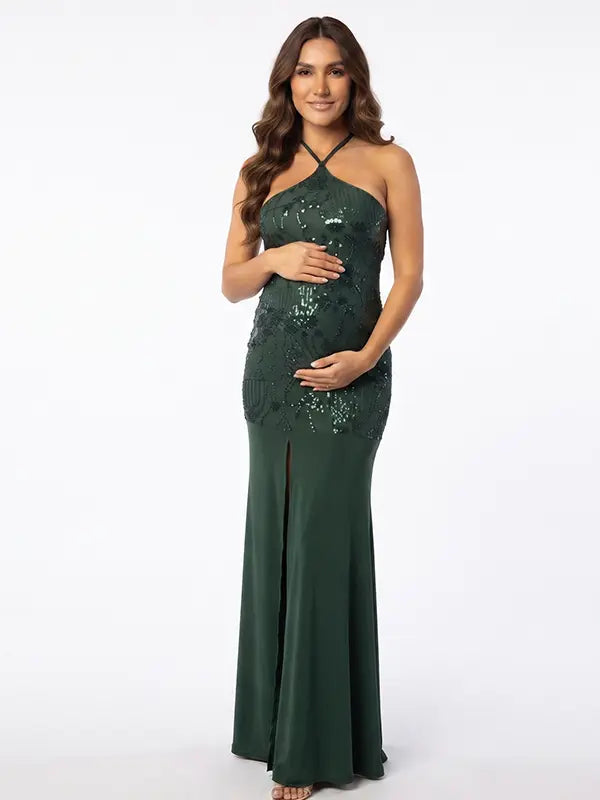 Emerald Green Sequin Halter Mermaid Maternity Maxi Dress with Floral Embroidery and Open Back for Baby Shower, Maternity Photoshoot, Pregnancy Announcement, Gender Reveal, Wedding Guest and Formal Events | Bumplook