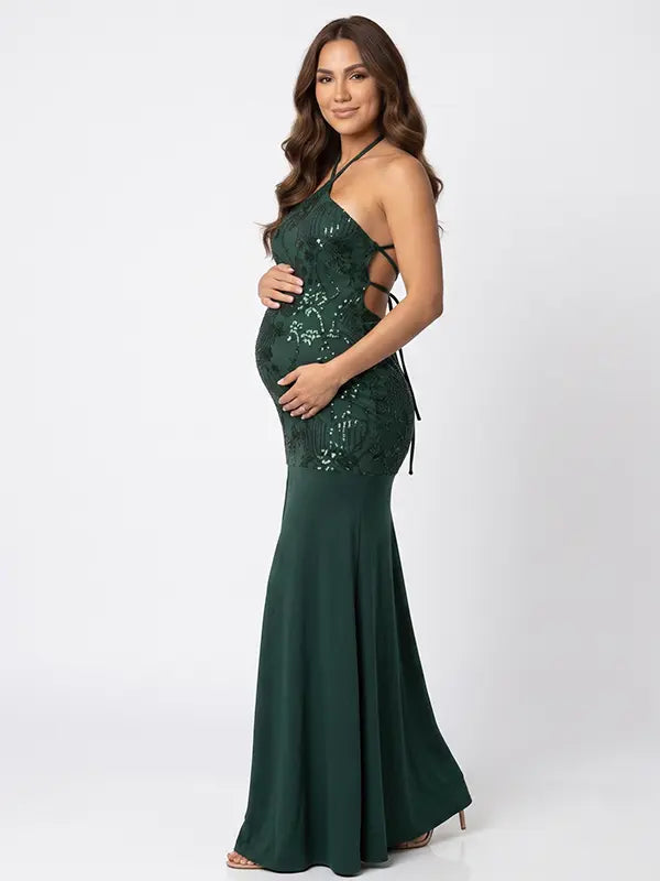 Emerald Green Sequin Halter Mermaid Maternity Maxi Dress with Floral Embroidery and Open Back for Baby Shower, Maternity Photoshoot, Pregnancy Announcement, Gender Reveal, Wedding Guest and Formal Events | Bumplook