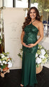 Emerald Green Sequin Halter Mermaid Maternity Maxi Dress with Floral Embroidery and Open Back for Baby Shower, Maternity Photoshoot, Pregnancy Announcement, Gender Reveal, Wedding Guest and Formal Events | Bumplook