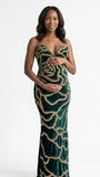 Emerald Green Sequin Rose Maternity Maxi Dress for Baby Shower and Luxury Photoshoot