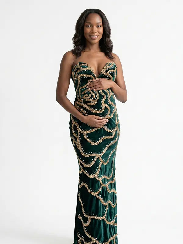 Emerald Green Sequin Rose Maternity Maxi Dress for Baby Shower and Luxury Photoshoot