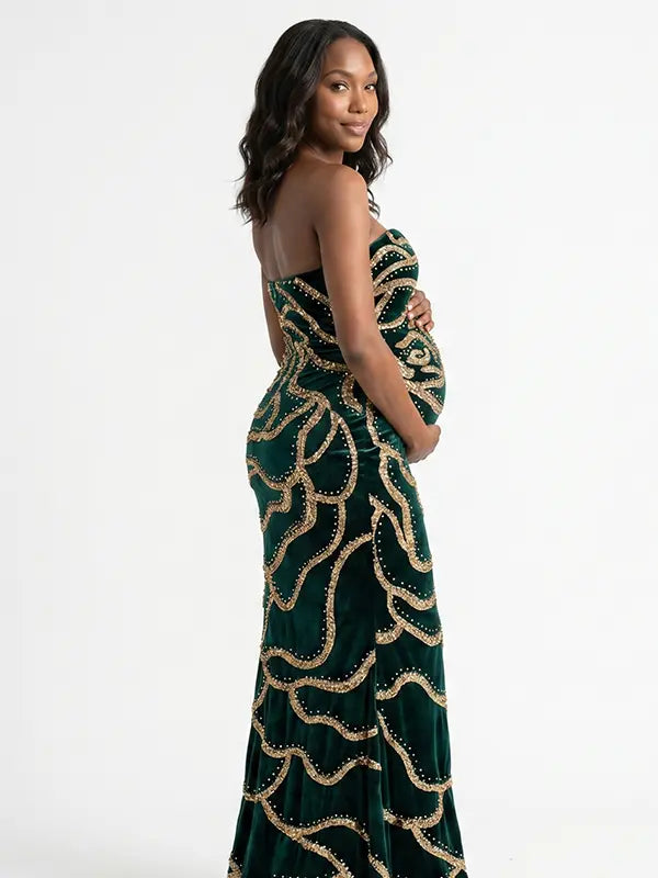 Emerald Green Sequin Rose Maternity Maxi Dress for Baby Shower and Luxury Photoshoot
