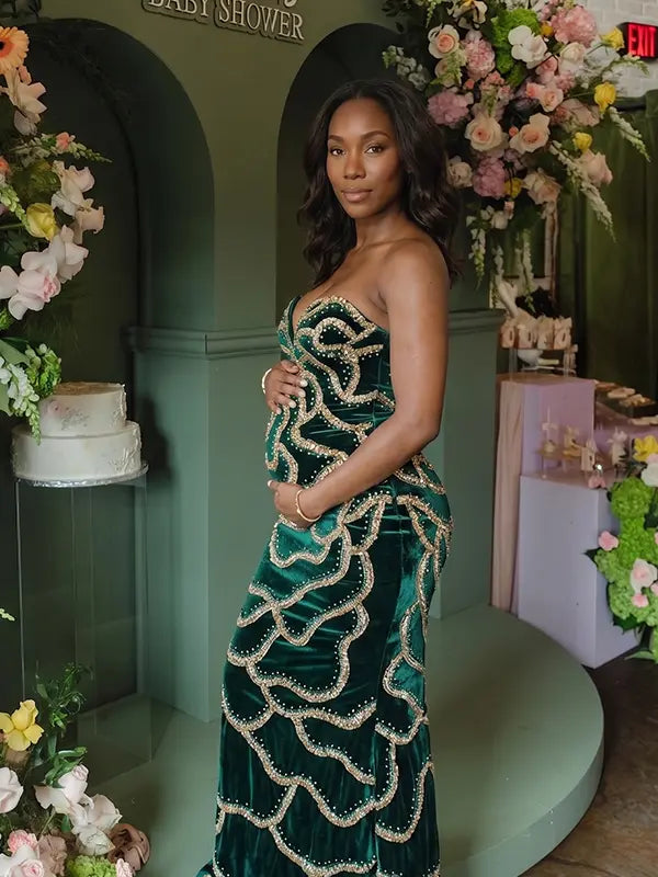 Emerald Green Sequin Rose Maternity Maxi Dress for Baby Shower and Luxury Photoshoot