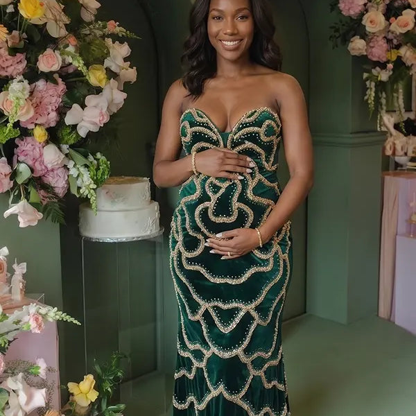 Emerald Green Sequin Rose Maternity Maxi Dress for Baby Shower and Luxury Photoshoot