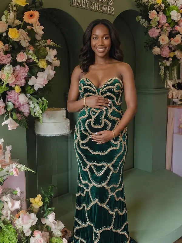 Emerald Green Sequin Rose Maternity Maxi Dress for Baby Shower and Luxury Photoshoot