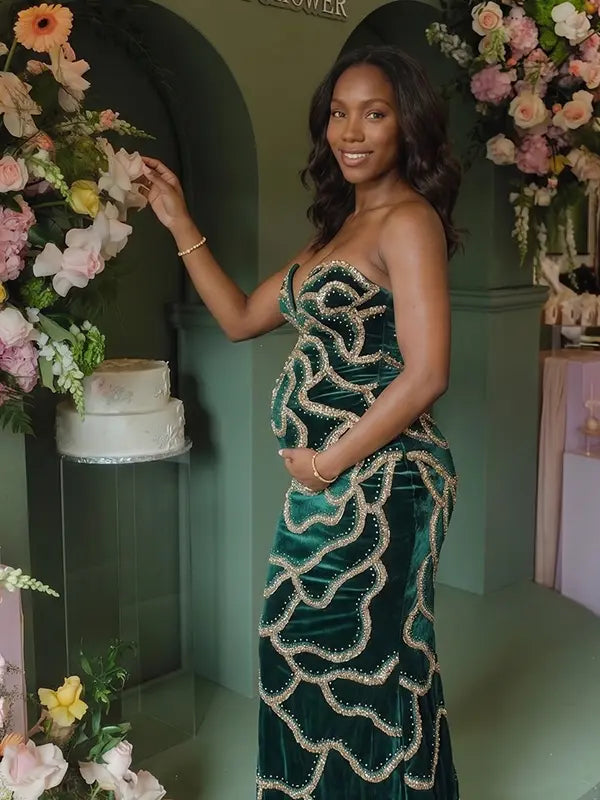 Emerald Green Sequin Rose Maternity Maxi Dress for Baby Shower and Luxury Photoshoot