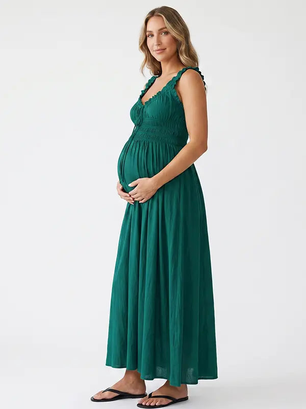 Emerald Green Maternity Dress, Smocked Cotton Blend Pregnancy Maxi Dress for Baby Shower, Maternity Photoshoot | Bumplook