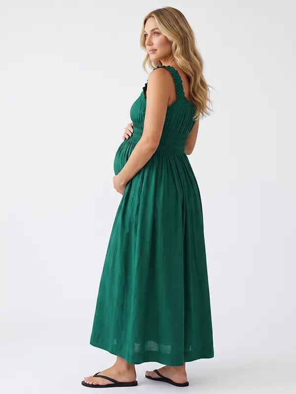 Emerald Green Maternity Dress, Smocked Cotton Blend Pregnancy Maxi Dress for Baby Shower, Maternity Photoshoot | Bumplook