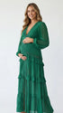 emerald green lace trim maternity maxi dress with long sleeves and tiered ruffle skirt