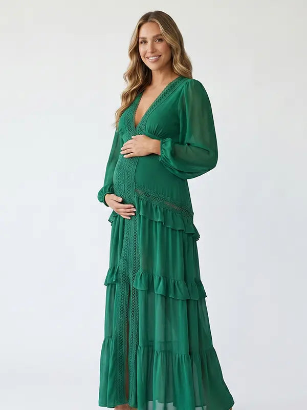 emerald green lace trim maternity maxi dress with long sleeves and tiered ruffle skirt