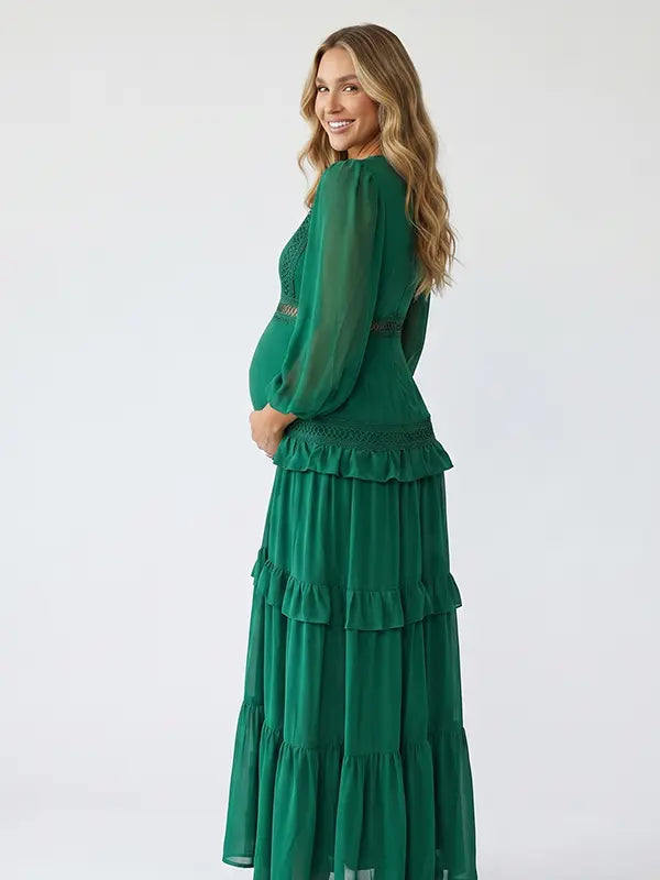 emerald green lace trim maternity maxi dress with long sleeves and tiered ruffle skirt