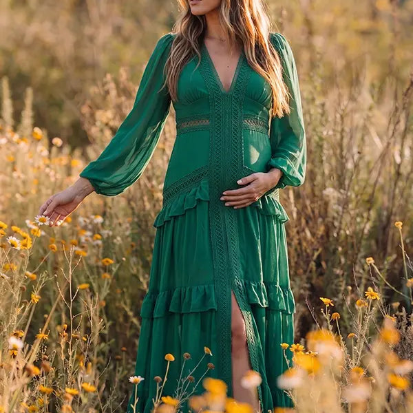 emerald green lace trim maternity maxi dress with long sleeves and tiered ruffle skirt