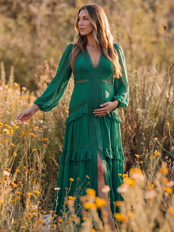 emerald green lace trim maternity maxi dress with long sleeves and tiered ruffle skirt