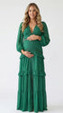 emerald green lace trim maternity maxi dress with long sleeves and tiered ruffle skirt