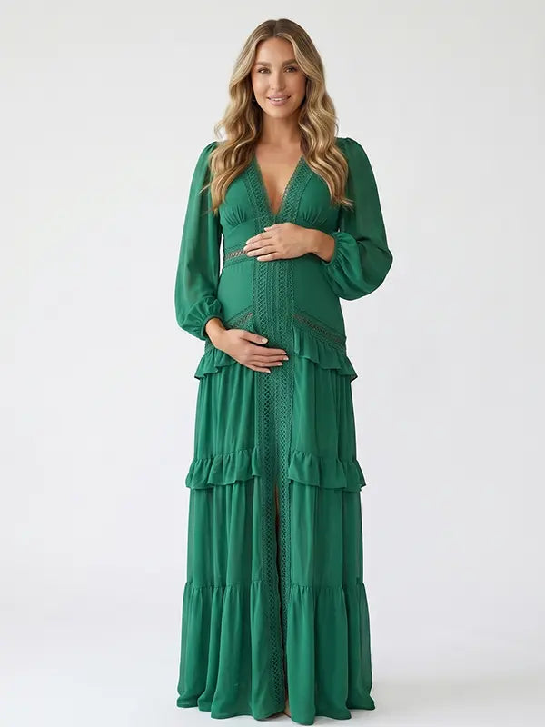 emerald green lace trim maternity maxi dress with long sleeves and tiered ruffle skirt