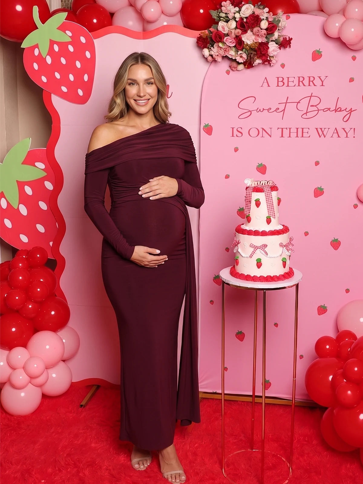Burgundy Fall Maternity Dress for Maternity Photoshoot and Baby Shower | Bumplook