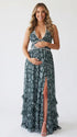 Forest Green Pearl Halter Maternity Dress, Woodland Baby Shower Maternity Maxi Dress for Baby Shower, Maternity Photoshoot, Gender Reveal, Pregnancy Announcement, Wedding Guest, Bridal Shower, Formal Events | Bumplook