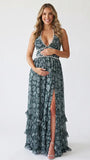 Forest Green Pearl Halter Maternity Dress, Woodland Baby Shower Maternity Maxi Dress for Baby Shower, Maternity Photoshoot, Gender Reveal, Pregnancy Announcement, Wedding Guest, Bridal Shower, Formal Events | Bumplook