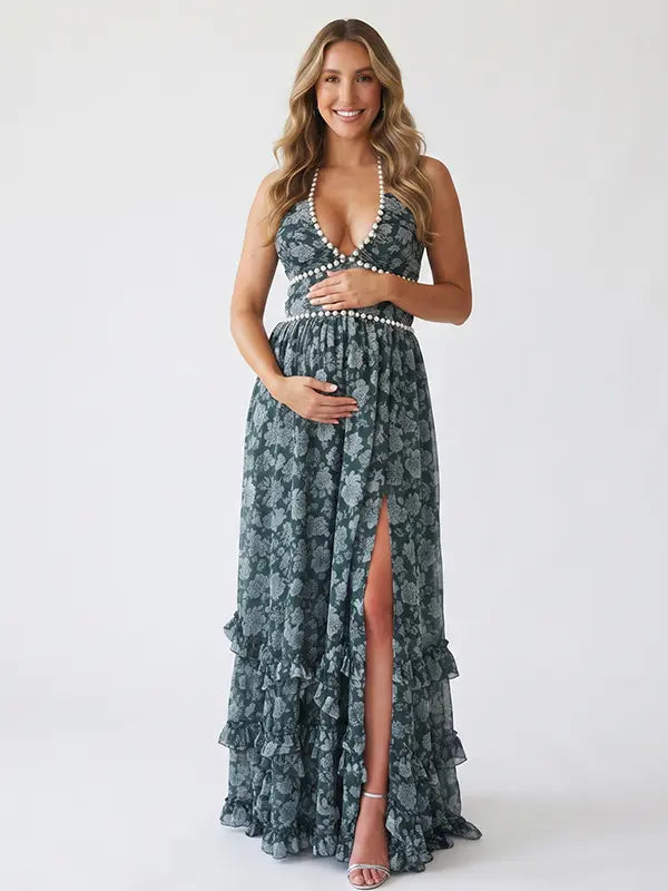 Forest Green Pearl Halter Maternity Dress, Woodland Baby Shower Maternity Maxi Dress for Baby Shower, Maternity Photoshoot, Gender Reveal, Pregnancy Announcement, Wedding Guest, Bridal Shower, Formal Events | Bumplook