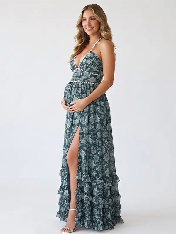 Forest Green Pearl Halter Maternity Dress, Woodland Baby Shower Maternity Maxi Dress for Baby Shower, Maternity Photoshoot, Gender Reveal, Pregnancy Announcement, Wedding Guest, Bridal Shower, Formal Events | Bumplook