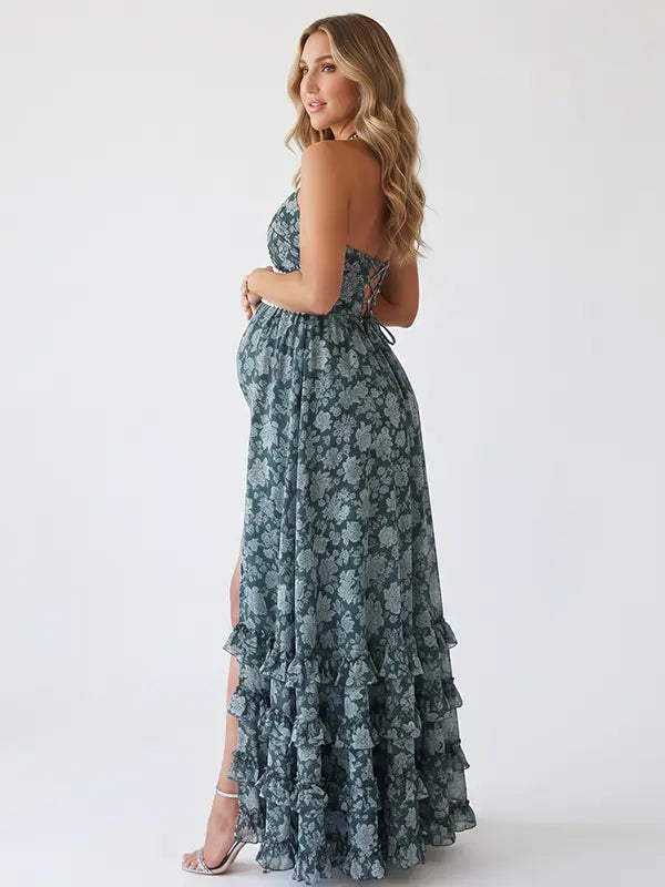 Forest Green Pearl Halter Maternity Dress, Woodland Baby Shower Maternity Maxi Dress for Baby Shower, Maternity Photoshoot, Gender Reveal, Pregnancy Announcement, Wedding Guest, Bridal Shower, Formal Events | Bumplook