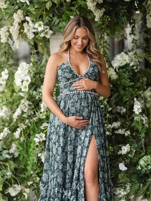 Forest Green Pearl Halter Maternity Dress, Woodland Baby Shower Maternity Maxi Dress for Baby Shower, Maternity Photoshoot, Gender Reveal, Pregnancy Announcement, Wedding Guest, Bridal Shower, Formal Events | Bumplook