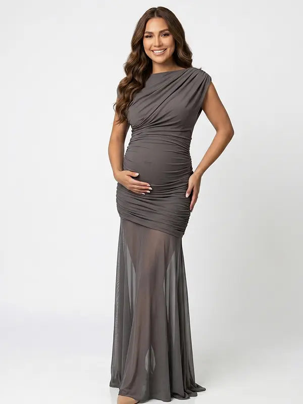 gray mesh panel maternity maxi dress asymmetrical bodycon pregnancy gown
