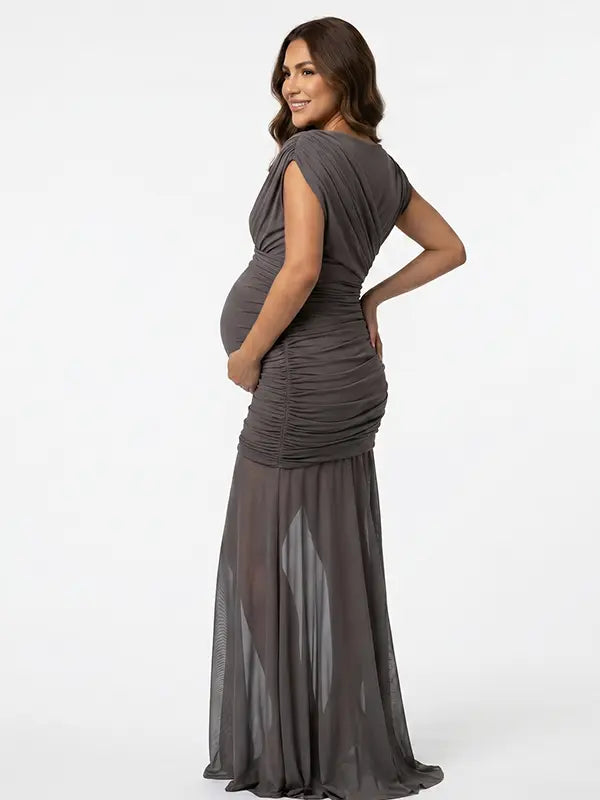 gray mesh panel maternity maxi dress asymmetrical bodycon pregnancy gown