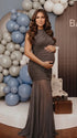 gray elegant maternity dress mesh patchwork bodycon photoshoot gown for baby shower