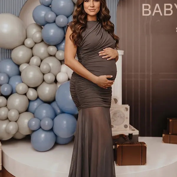 gray elegant maternity dress mesh patchwork bodycon photoshoot gown for baby shower