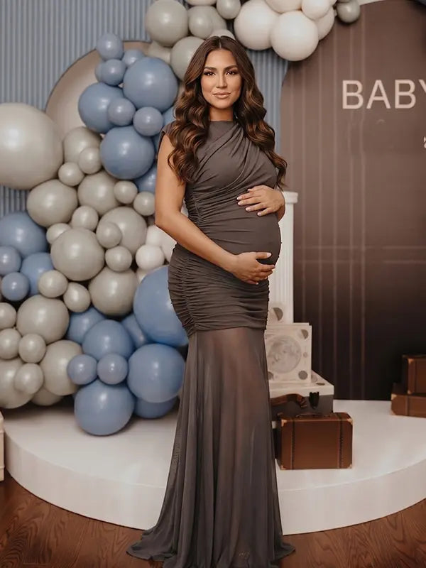 gray elegant maternity dress mesh patchwork bodycon photoshoot gown for baby shower