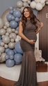 gray elegant maternity dress mesh patchwork bodycon photoshoot gown for baby shower