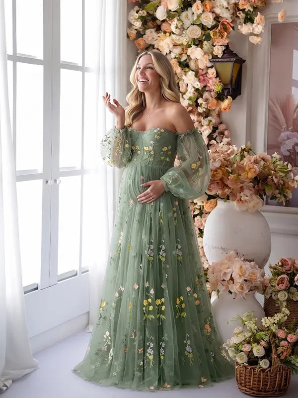 Sage Green Floral Maternity Dress, Embroidered Tulle Baby Shower Dress for Maternity Photoshoot, Pregnancy Announcement, Gender Reveal and Garden Events | Bumplook
