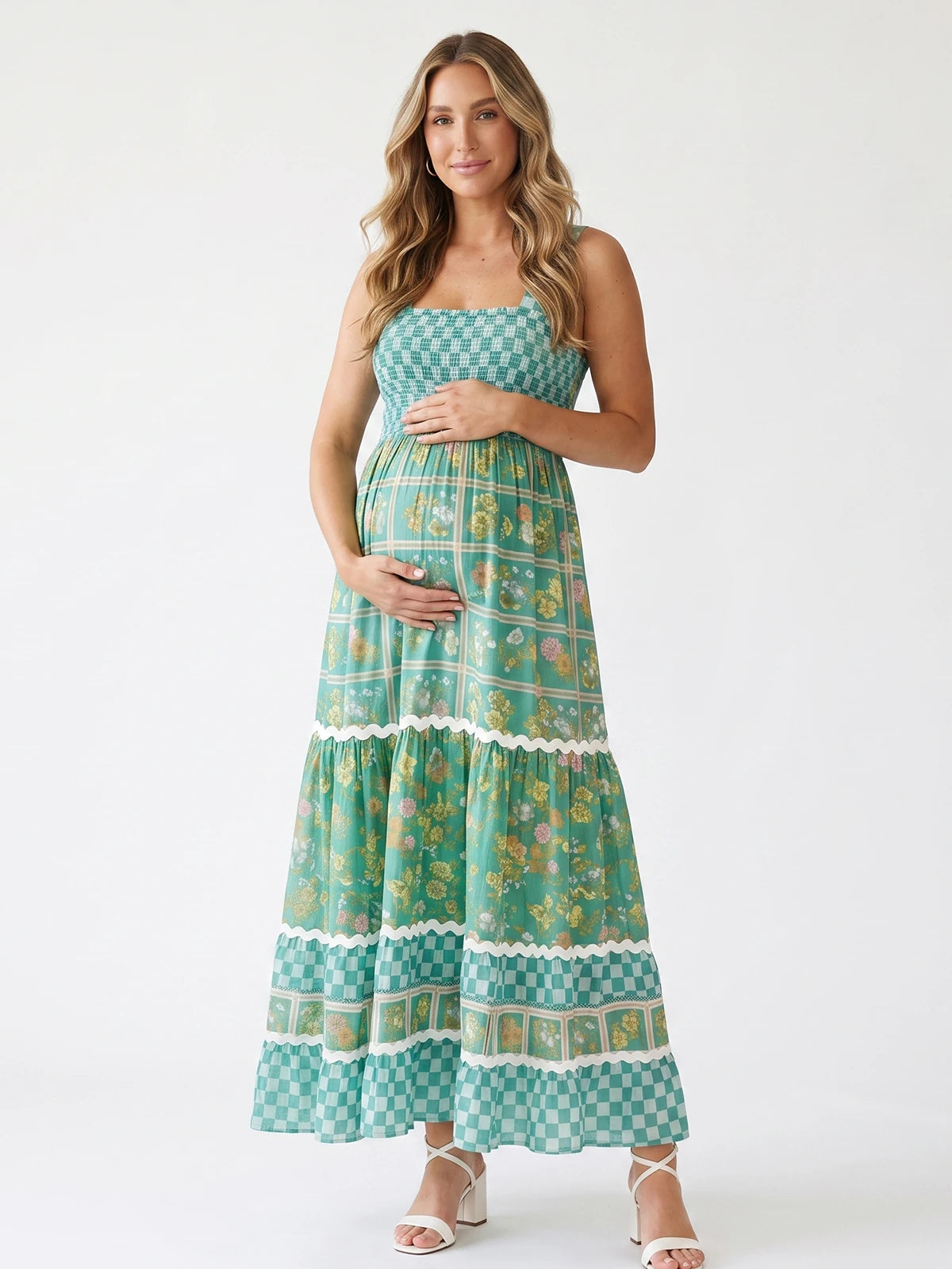 Green Floral Maternity Dress for Outdoor Pregnancy Photos | Bumplook
