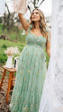 Green Floral Tulle Maternity Maxi Dress – Embroidered Baby Shower Gown