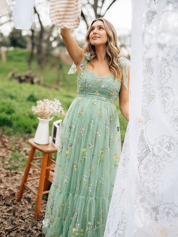 Green Floral Tulle Maternity Maxi Dress – Embroidered Baby Shower Gown
