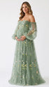 Green Floral Maternity Photoshoot Dress with Sweetheart Neckline and Sheer Off Shoulder Puff Sleeves for Baby Shower and Pregnancy Portraits | Bumplook